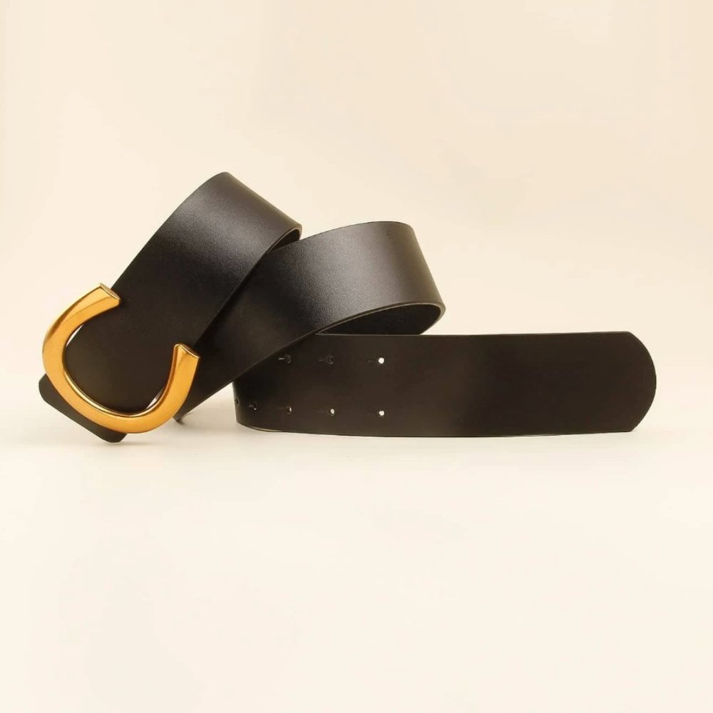 Wide Vegan Leather Oversized Gold Buckle Belt - Picture 2 of 5